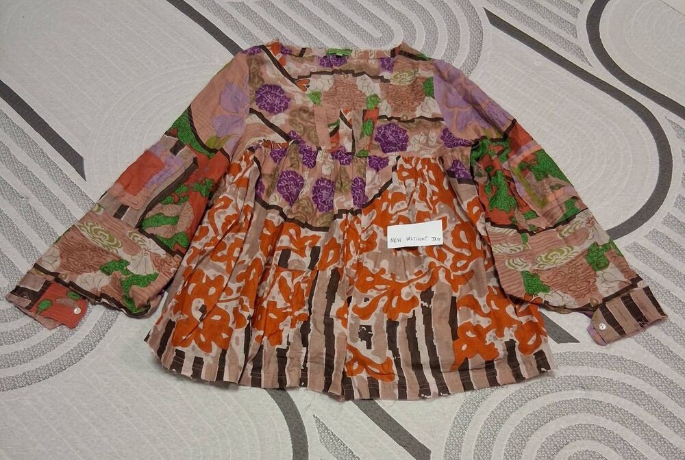 Aoyama itchome womens large patchwork art wear top rust orange shirt loose fit